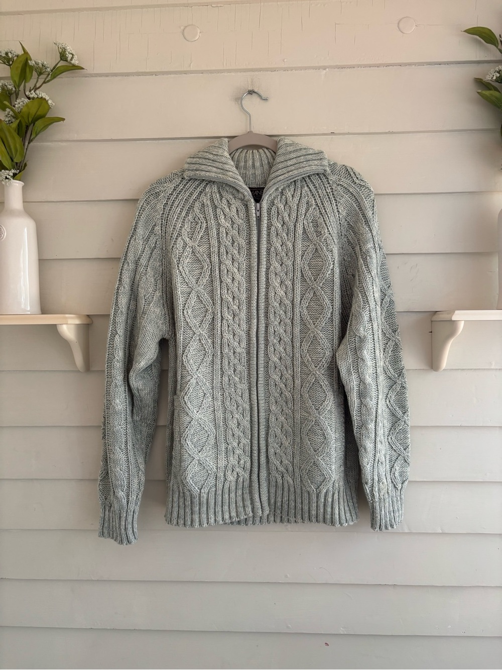 Thane Vintage Chunky Cable Knit Full
Zip Sweater Mint Heather Men’s Size Large